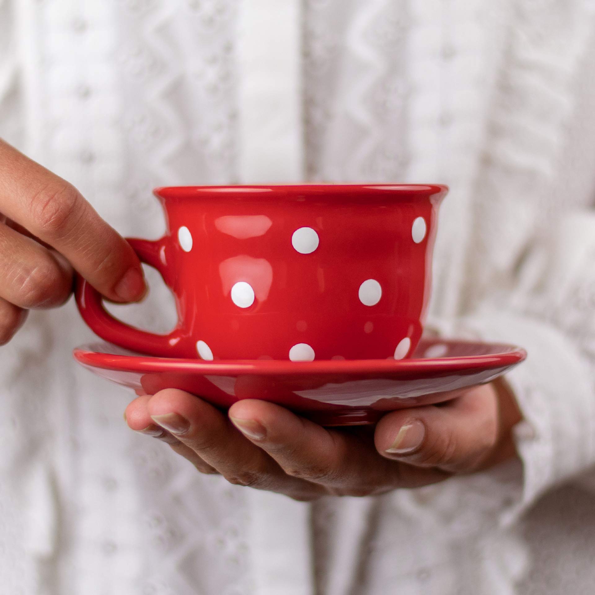 City to Cottage® Red and White | Polka Dot Spotty | Designer Handmade Hand Painted | Unique Ceramic 8.4oz/250ml | Cappuccino Coffee Tea Cup with Saucer | Gift