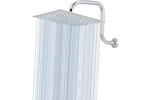 Voolan Rain Shower Head with Goose Neck Curve Arm, All Metal Waterfall Rainfall Showerhead, High Flow Bathroom Square Large Shower Head (10’’ Shower Head with 12’’ Shower Arm, Chrome)