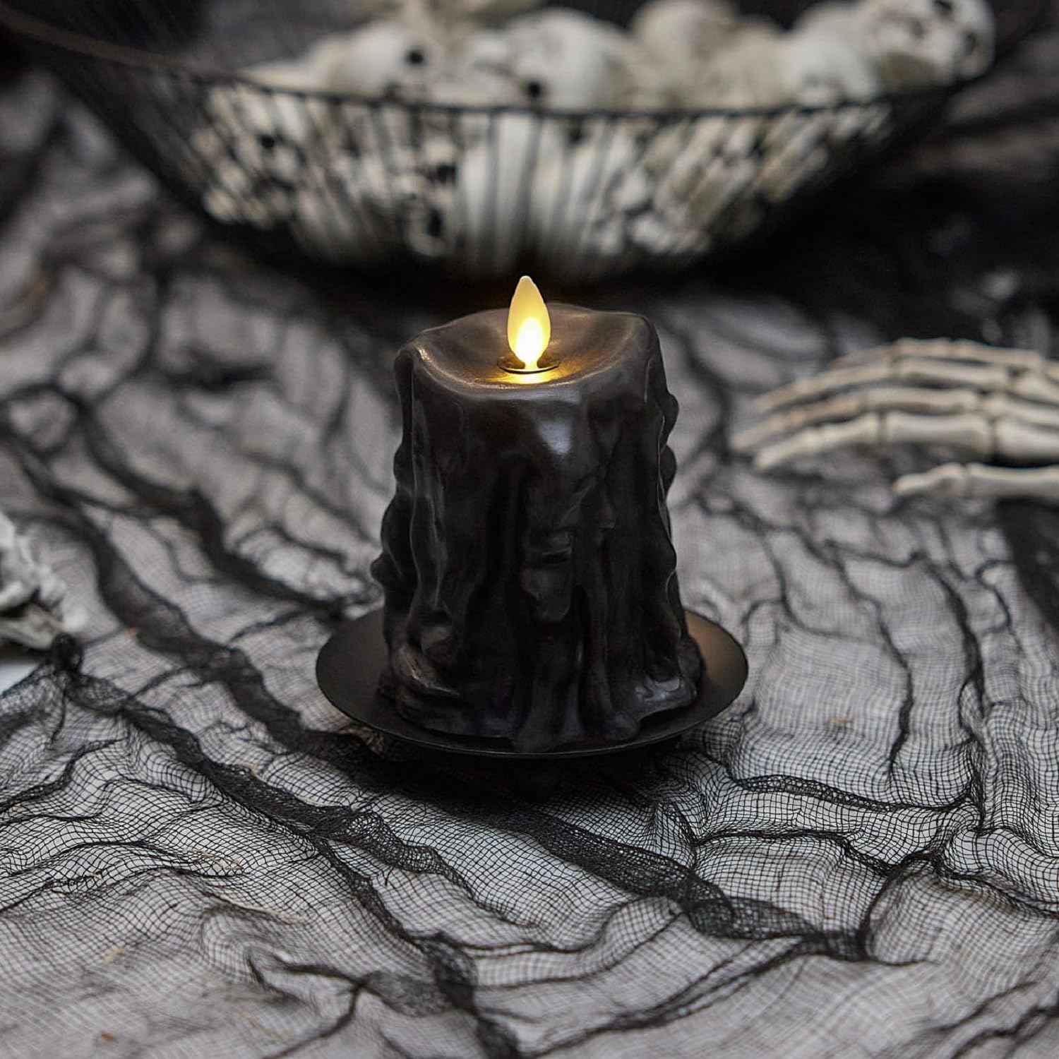 Luminara Black Heavy Wax Drip Flameless LED Pillar Candle, Real Wax, Timer Function, 3.4 x 4.5 inch