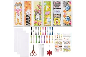 ORIGACH 6 Set Cute Cat Cross Stitch Bookmark Kit for Beginner with Backing Felt Floss Instructions DIY Stamped Embroidery Boo
