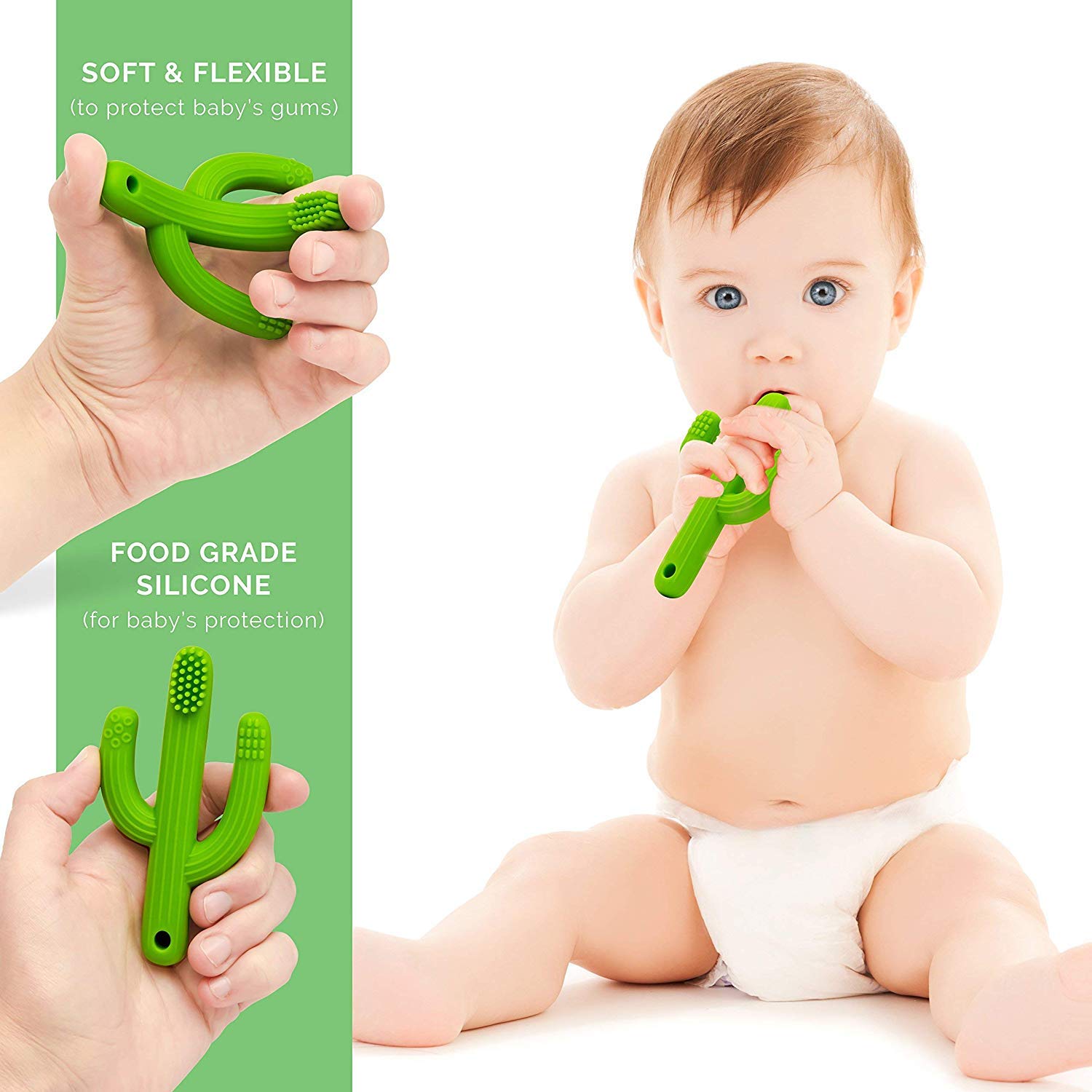 tuxepoc Baby teething toys,Silicone Baby Care Teether,Bendable Training Toothbrush,Silicone Teether cactus (Grass green)