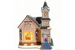 Bshine Christmas Village Huose Ceramic Decor, Lighed Christmas Village Church Happiness Ornaments, Collectible Building Xmas Figurine Holiday Indoor Decoration Home Desktop Gifts for Lovers and Family