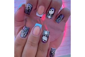 OCOUYVD Halloween Press on Nails Medium Square Fake Nails with Spider Web Design Acrylic Nails Nightmare Before Christmas Nails Scary Stick on Nails Holiday French Tip Artificial Nails for Women 24Pcs