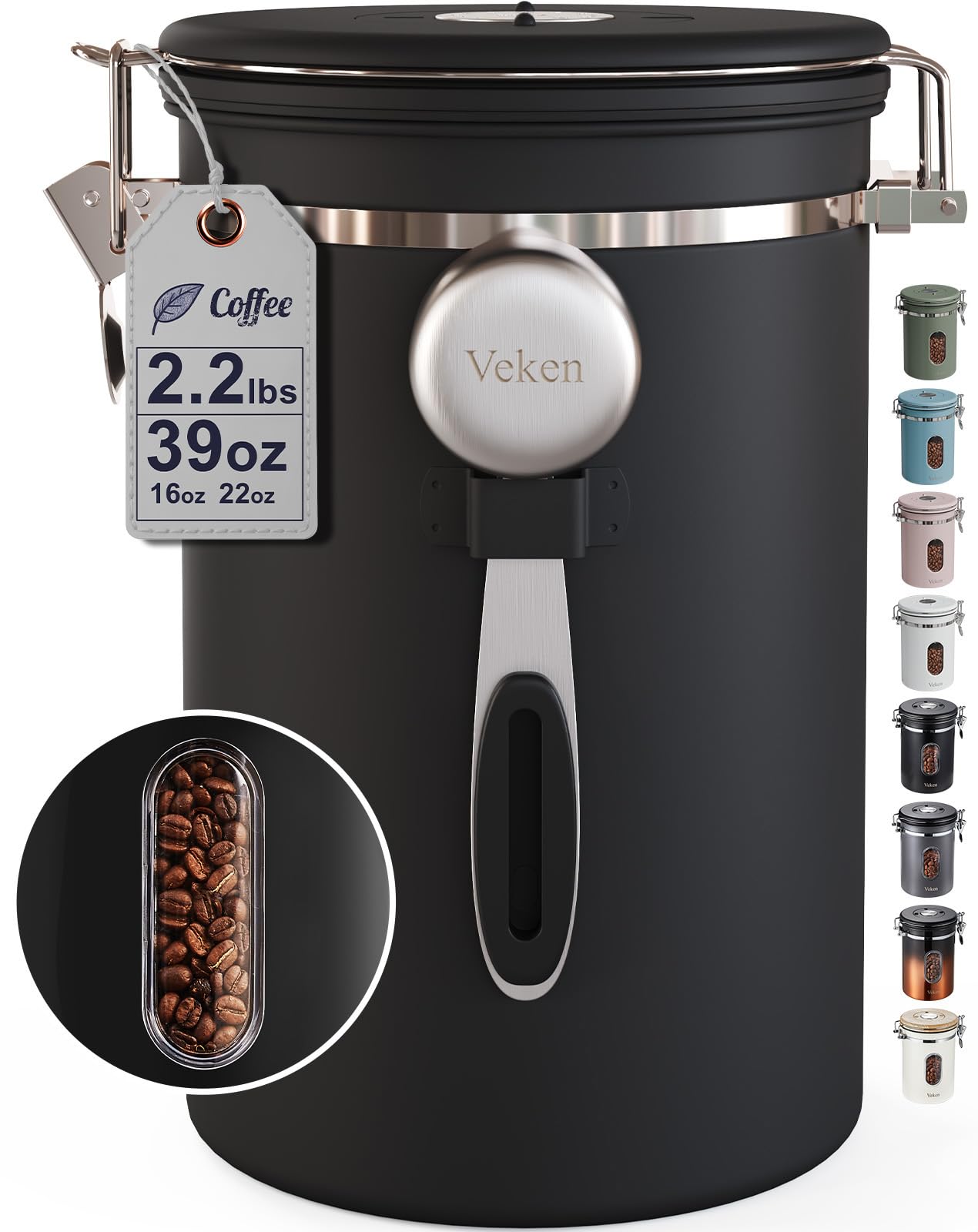 Veken Large Coffee Canister with Window, Kitchen Food Storage Airtight Stainless Steel Container for 2.2lbs Coffee Beans, Grounds, Rice,Tea, Flour, Cereal, Sugar Jars,Date Tracker and Scoop 39oz,Black Image