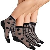 Meyeyaia 3 Pairs Black Sheer Socks Women Ankle,See Through Socks for Women,Dots, Stripes and Geometric,Summer