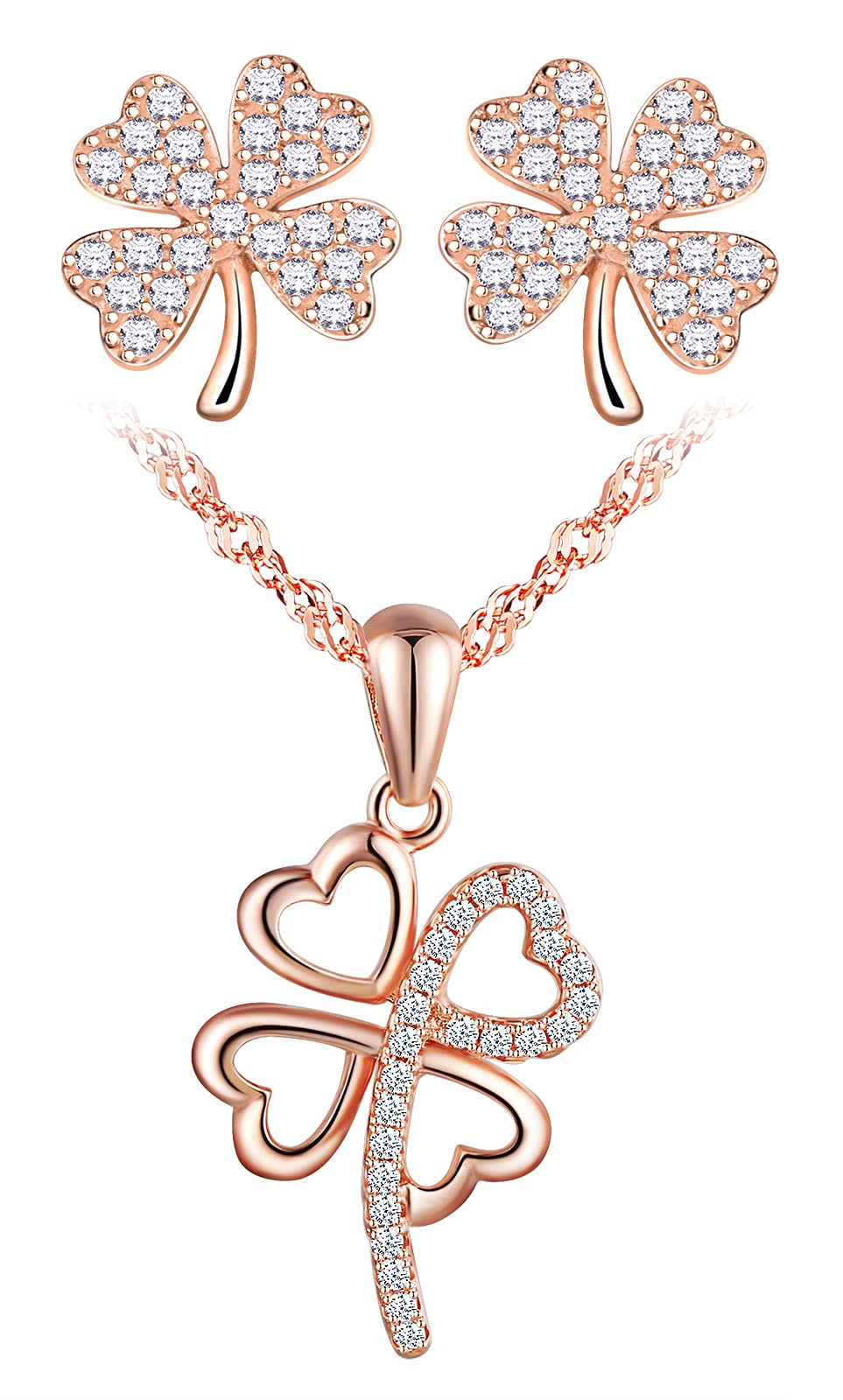 Yumilok Women Charm Clover Silver Jewellery Necklace Earrings Set with Cubic Zirconia