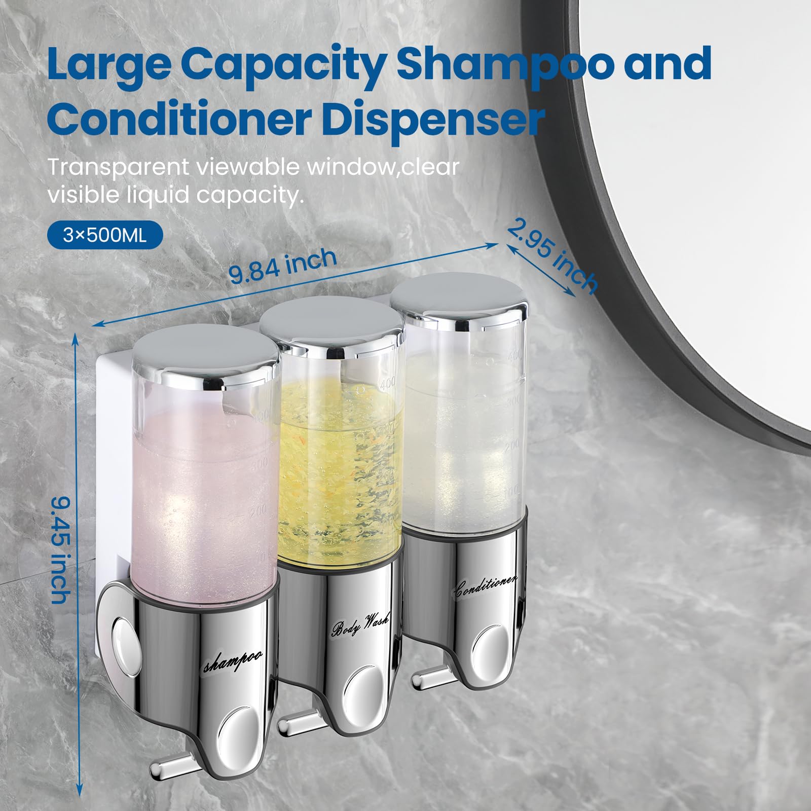 Shampoo and Conditioner Dispenser,Dispensers for The Shower,Shower Soap Dispenser 3 Chamber No Drill,Shampoo Conditioner Body Wash Dispenser Wall Mount for Bathroom(Triple x 17.6 oz,Clear)