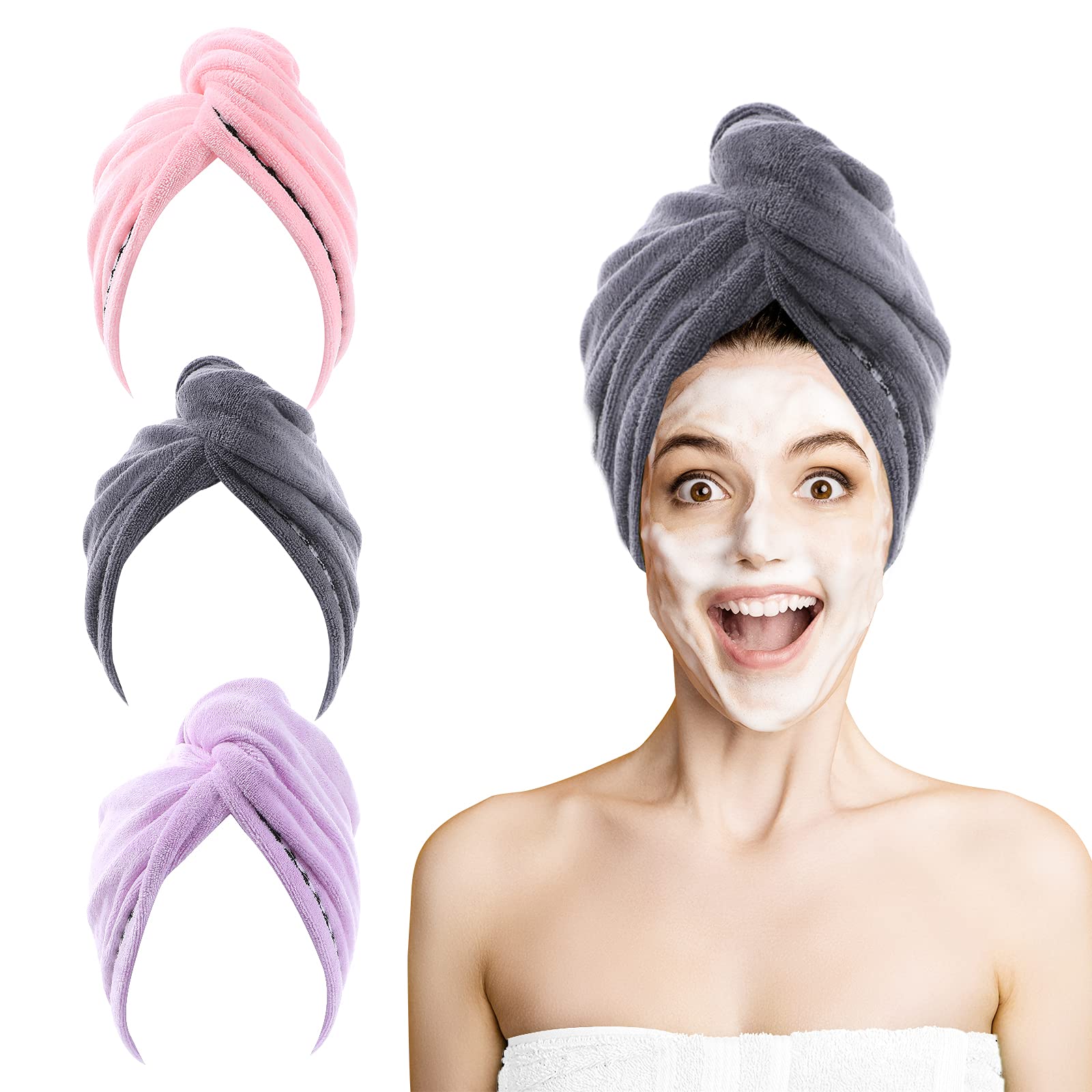 ROSSHINE Microfibre Hair Towel Wrap, 3 Pack Hair Towel Turban 65x25cm, Ultra Absorbent Hair Wrap Towel, Anti Frizz Quick Dry Head Towel Wrap for Women Girl Curly, Wet, Long, Short, Thick Hair