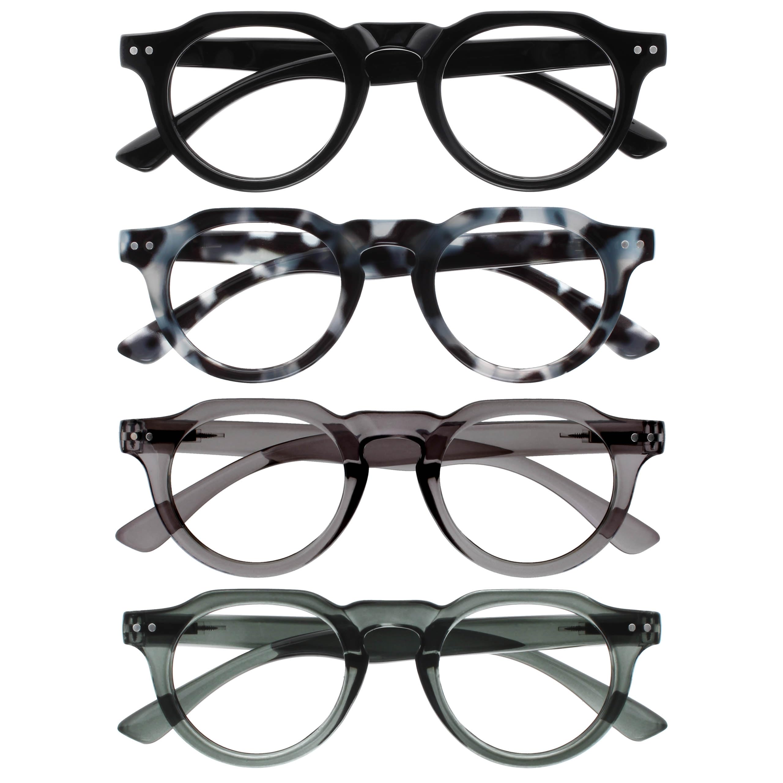 OPULIZE RIO Blue Light Blocking Reading Glasses - 4-Pack - Flat Top Frame - Black, Blue Tortoiseshell, Green, Grey - Mens Womens - BBBB53-1367 - +3.00