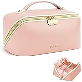 Prite Makeup Bag for Women Travel Waterproof Vegan Leather Cosmetic Bag Open Flat Toiletry Bag With Clear Divider and Handle (Pink)