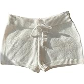 MakeMeChic Women's Crochet Knit Mini Shorts Micro Pajama Fuzzy Shorts Petite White Large