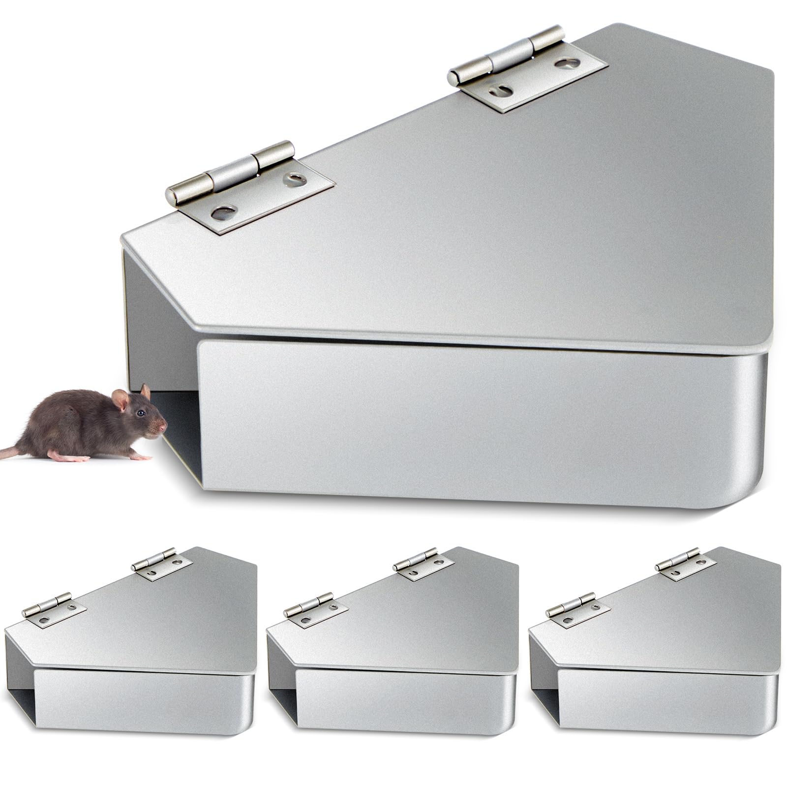 Photo 1 of Qualirey 4 Pcs Mouse Station Carbon Steel Mice Bait Station Waterproof Mice Stations Outdoor Metal, Keeps Children and Pets Safe Indoor & Outdoor, Bait Not Included, Silver