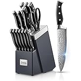 Knife Set, D.Perlla Kitchen Knife Set with Advanced Self-Sharpening Technology, 14 Piece Waved Texture Knife Set with Block, High Carbon Stainless Steel Knife Block Set, Razor-Sharp, Full Tang Handle