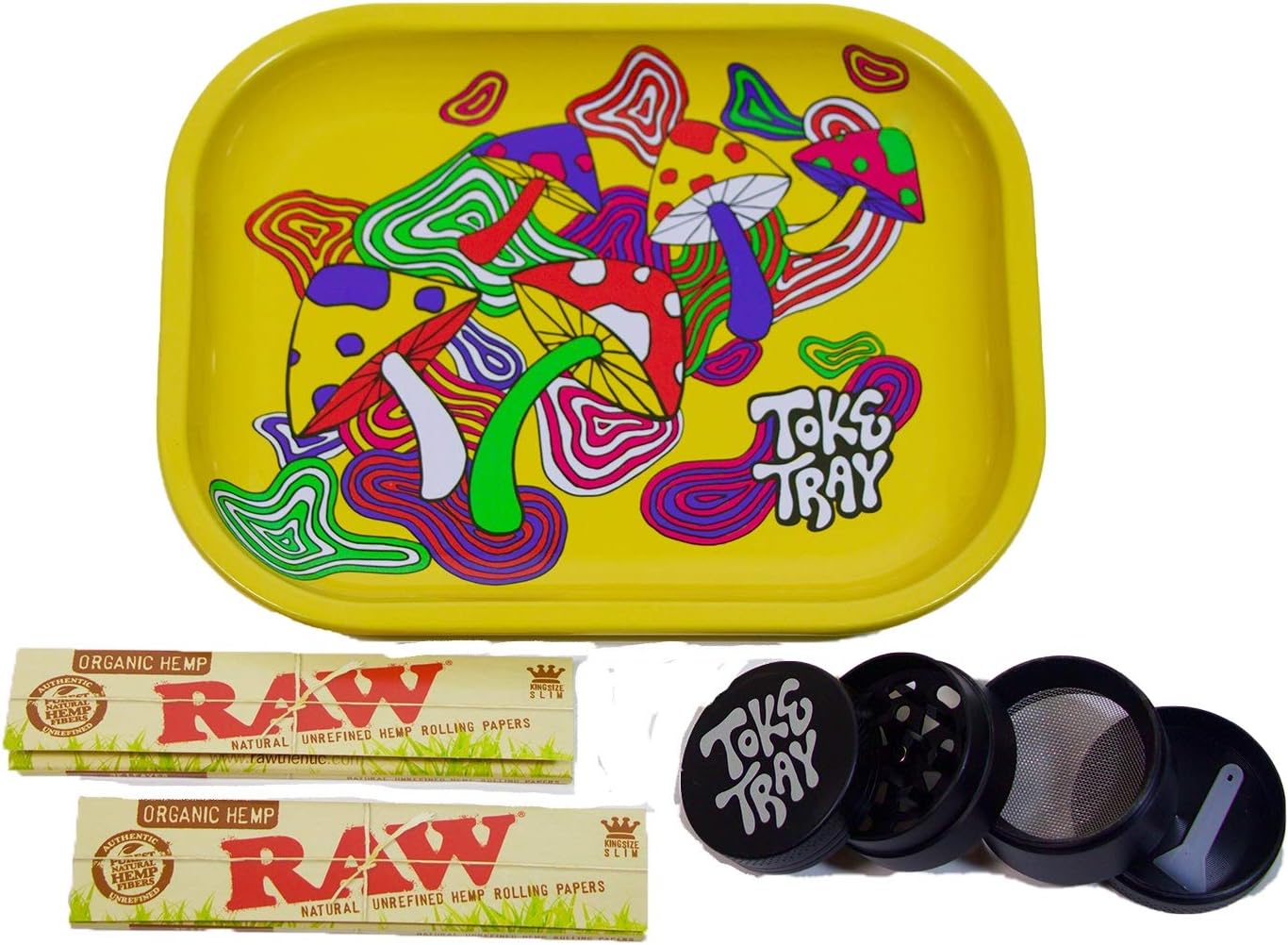 Rolling Tray Bundle with Grinder | Set Includes - Psychedelic Mushroom Metal Tray, 2 Packs Raw King Size Slim Rolling Papers & 4-Piece Zinc Grinder