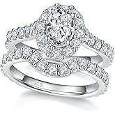 Sizeron Round/Cushion/Oval Cut Wedding Ring Sets for Women D Color Moissanite Halo Platinum Plated 925 Sterling Silver