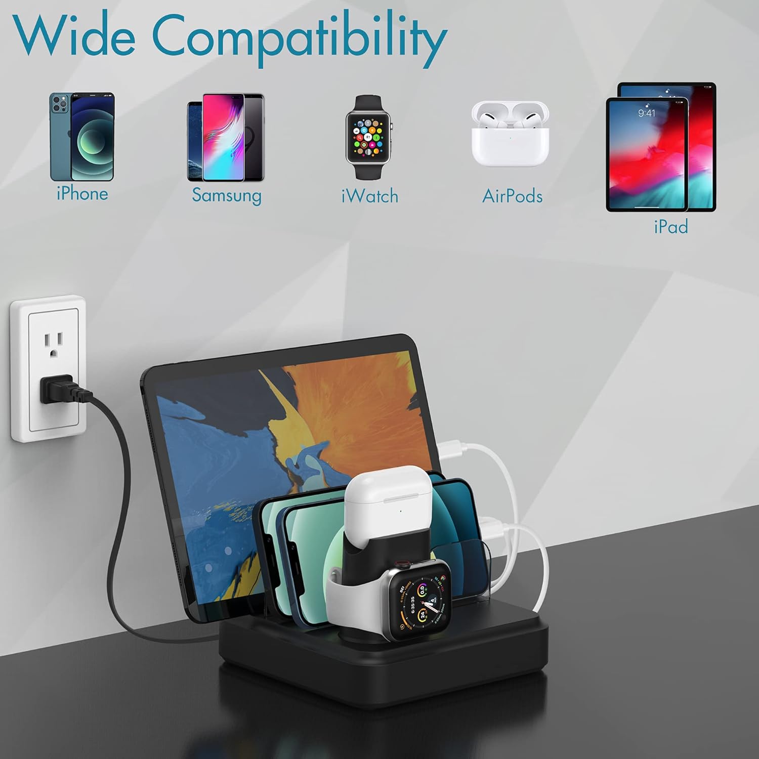 Charging Station for Multiple Devices, 5-Port Charger Organizer Dock with 4 Mixed Cables, USB Charging Station Compatible with iWatch, AirPods, Smart Phone(No Watch Charger): Electronics