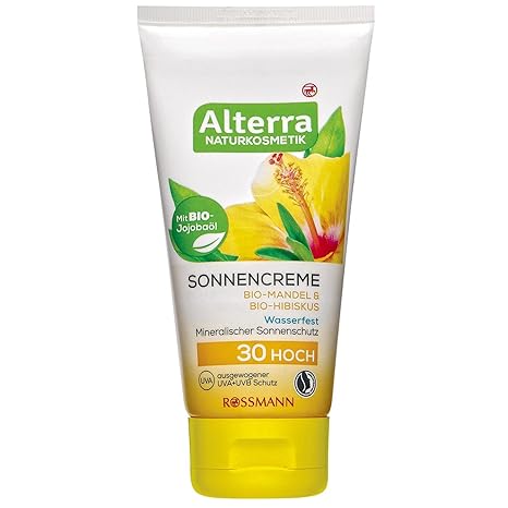 Alterra Sonnencreme 75 ml LSF 30, mit Bio-Jojoba, Bio-Mandel & Bio-Hibiskus, mineralischer Sonnenschutz, wasserfest, ausgewogener UVA+UVB Schutz, vegan, zertifizierte Naturkosmetik