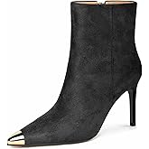 XINIUNIU Women's Ankle Boots Kitten Stiletto Heels Booties Metal Pointed Toe Suede Side Zipper 3.5 Inch Short Boot Dress
