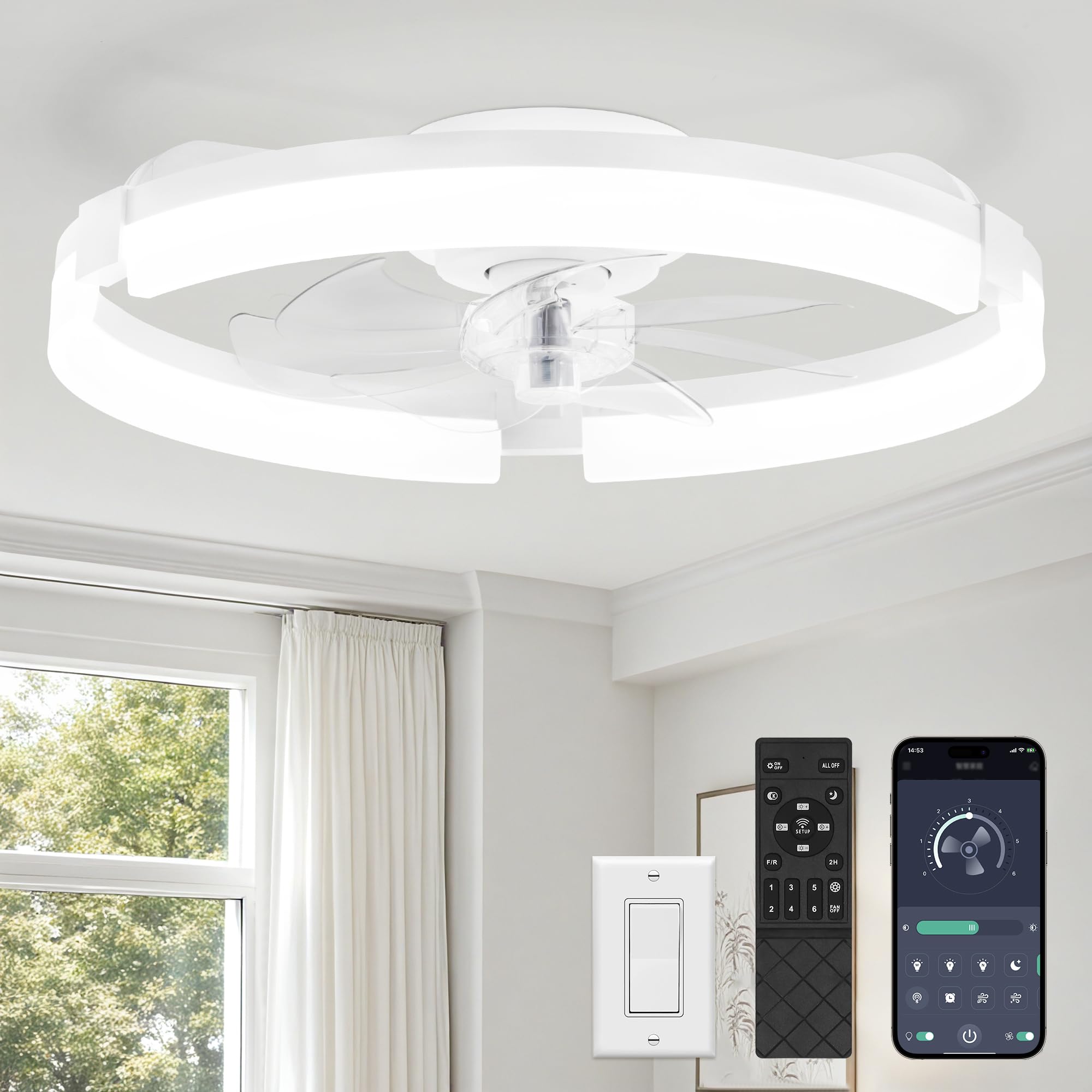 Photo 1 of LEDIARY 20" Ceiling Fans with Lights and Remote, Modern Low Profile Ceiling Fan, 3 CCT, Stepless Dimmable, Fandelier Flush Mount Fan Light, 6 Speeds, DC Motor, App & Remote Control for Bedroom(White)