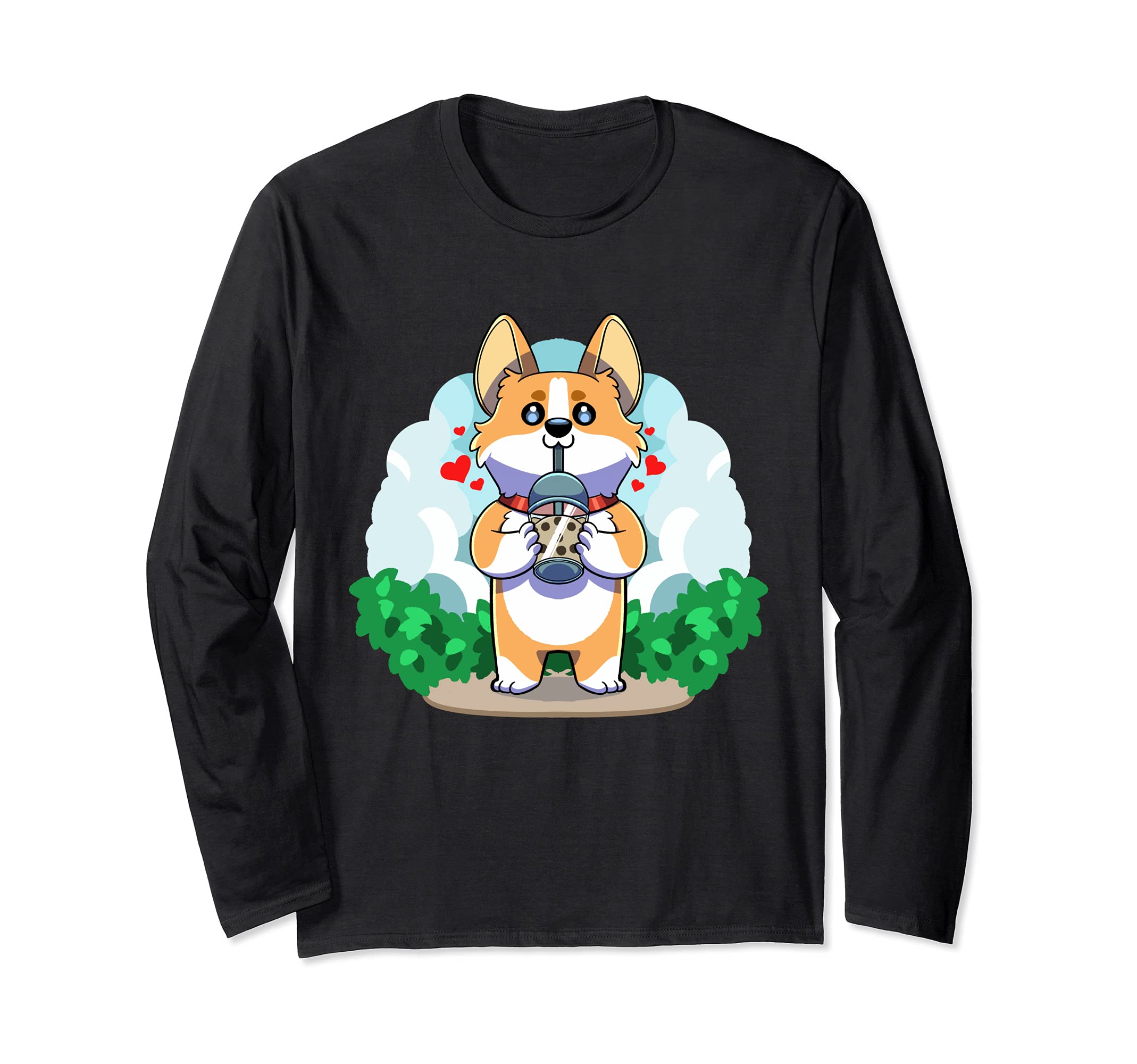 Corgi Boba Bubble Tea Pembroke Welsh Dog Kawaii Puppy Anime Long Sleeve T-Shirt