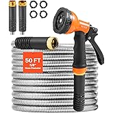 VEVOR Garden Hose Metal 50FT – Heavy Duty Stainless Steel Water Hose, Flexible, No Kink & Tangle, Puncture Resistant & Rust Proof, Lightweight w/ 10-Function Spray Nozzle for Yard, Outdoor, Gardening