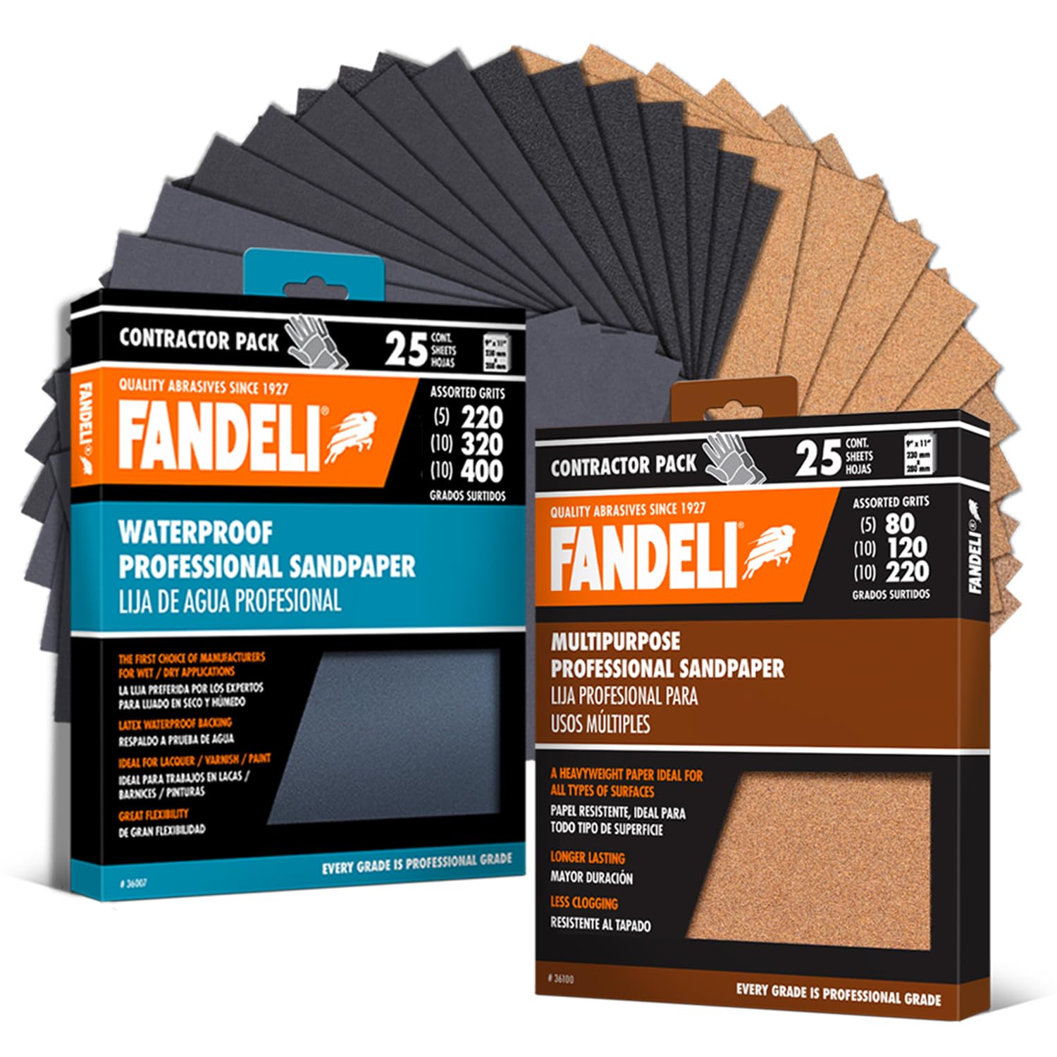 Fandeli | Pack Multi-Purpose Sandpaper Pack + Waterproof Sandpaper | 50 Sheets | Multi-Purpose (80, 120, 220), Waterproof (220, 320, 400) | Pack of 25+25 Sheets, 23x2 cm | for Sanding Metal and Wood