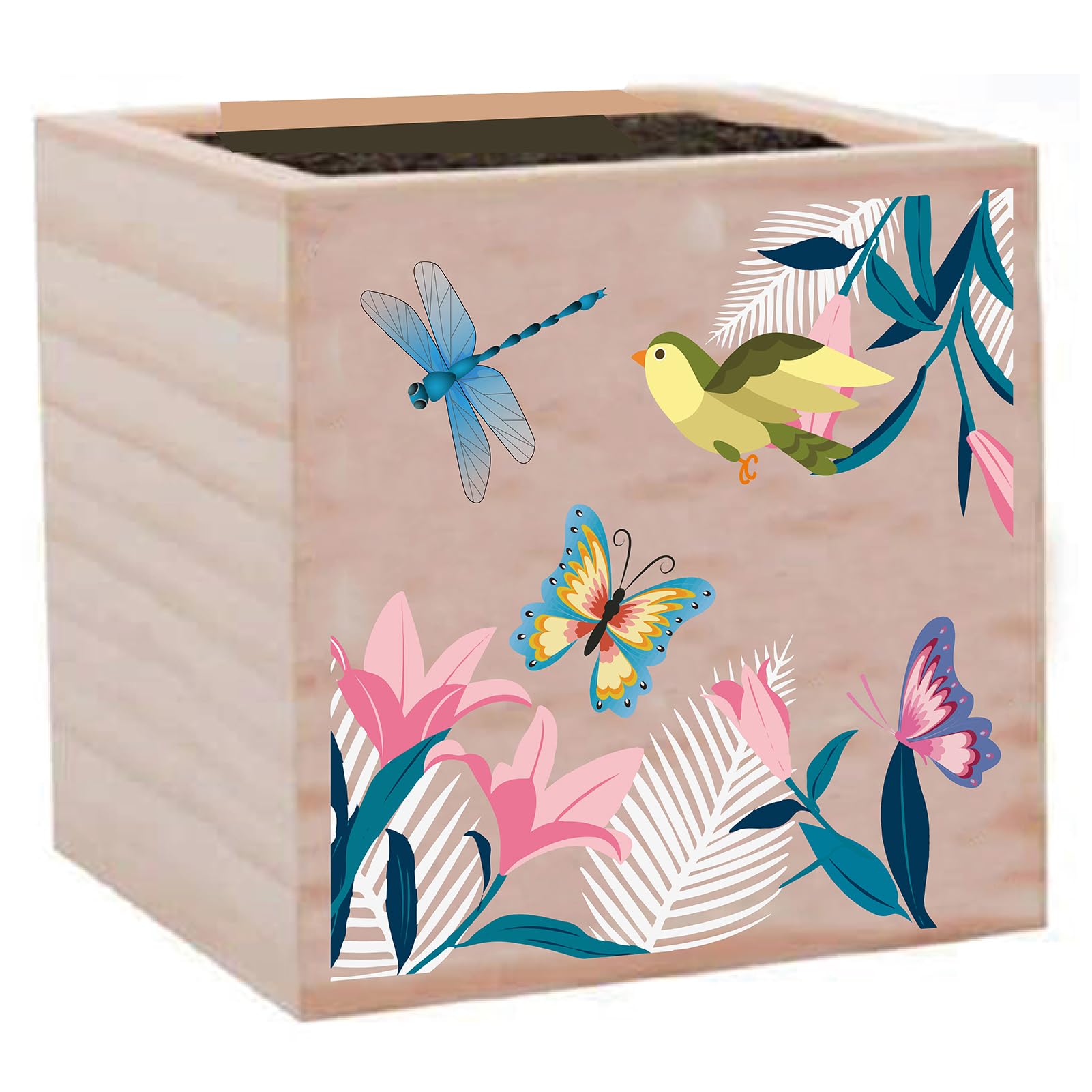 CREATCABIN Small Flowerpots Cube Wood Plant Pots Dragonflies Butterflies Birds Rustic Wooden Plant Stand Square Planter Succulent Cactus Pots Window Desk Decorative for Indoor Outdoor Office 3 x 3Inch