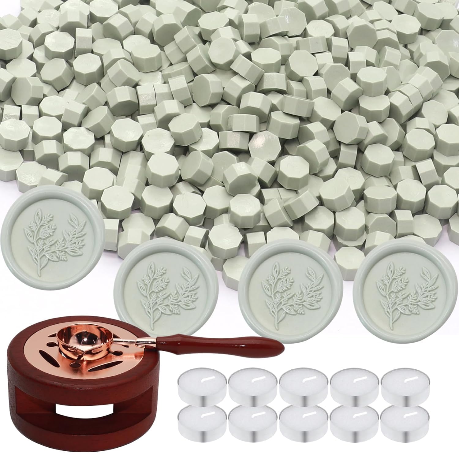 Sealing Wax Beads Kit, Atopbb 300pcs Mixed Red Color Wax Seal Beads, 1pcs Wooden WaxSeal Warmer, 1pcs Melted Spoon and 10pcs Tea Candles for WaxSealing Stamp Kit (300, Sage green)