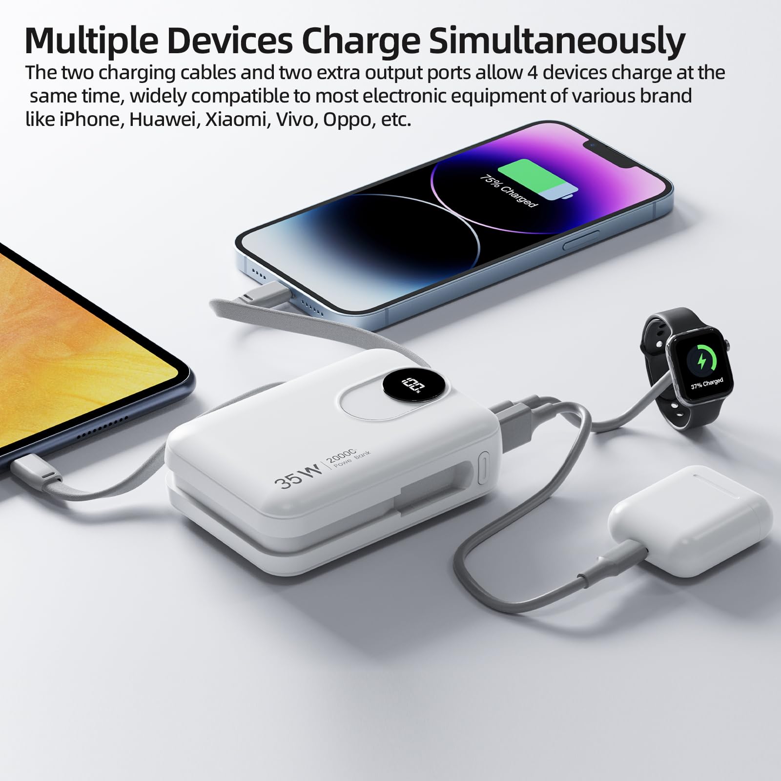GOOJODOQ AD4017 Power Bank simultaneously charging a smartphone, smartwatch, and earbuds