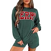 Opemiby Womens Ribbed Pajama Sets Long Sleeve Top and Shorts Matching Lounge Set Loungewear Sweatsuit with Pockets