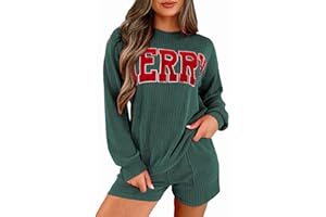 Opemiby Womens Ribbed Pajama Sets Long Sleeve Top and Shorts Matching Lounge Set Loungewear Sweatsuit with Pockets