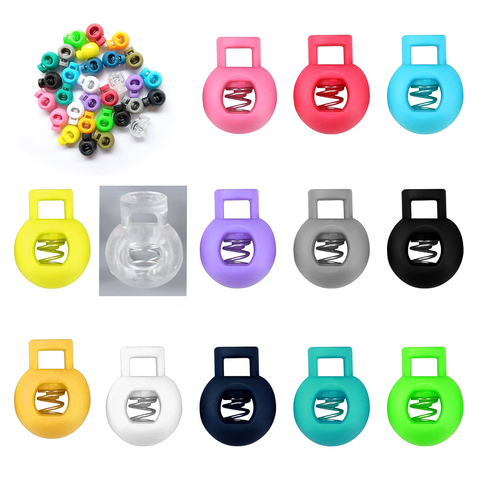 Lahviuu Toggles for Drawstrings, 50 Pcs Plastic Single Hole Spring Cord Locks for Drawstring Bags Laces and Paracord, Cord Toggle Fastener Stopper Sliders Shoe Lace Lock (Multicolor)