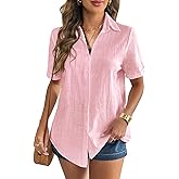 Zeagoo Women Linen Button Down Shirt Rolled Cuffed Short Sleeve Blouse Ladies Summer Casual V Neck Beach Cotton Tops