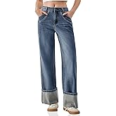 PLNOTME Womens Baggy Jeans Boyfriend Wide Leg Trendy Casual Mid Rise Cuffed Hem Denim Pants with Pockets