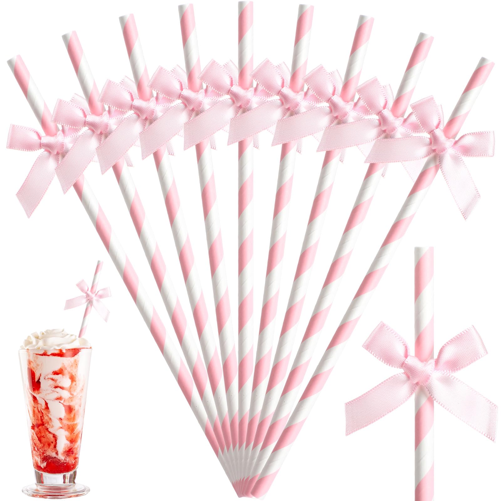 Photo 1 of Potchen 50 Pcs Pink Paper Straws for Drinking, Bow Disposable Striped Paper Straws Bulk Pink Theme Birthday Party Supplies for Wedding Cake Decorations Bachelorette Baby Shower