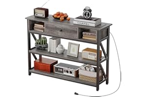 Mexin 39 Inch Console Table with 2 Outlet and 2 USB Ports, Entryway Table with Drawer and Storage Shelves, Narrow Sofa Table for Living Room and Hallway, Grey Oak