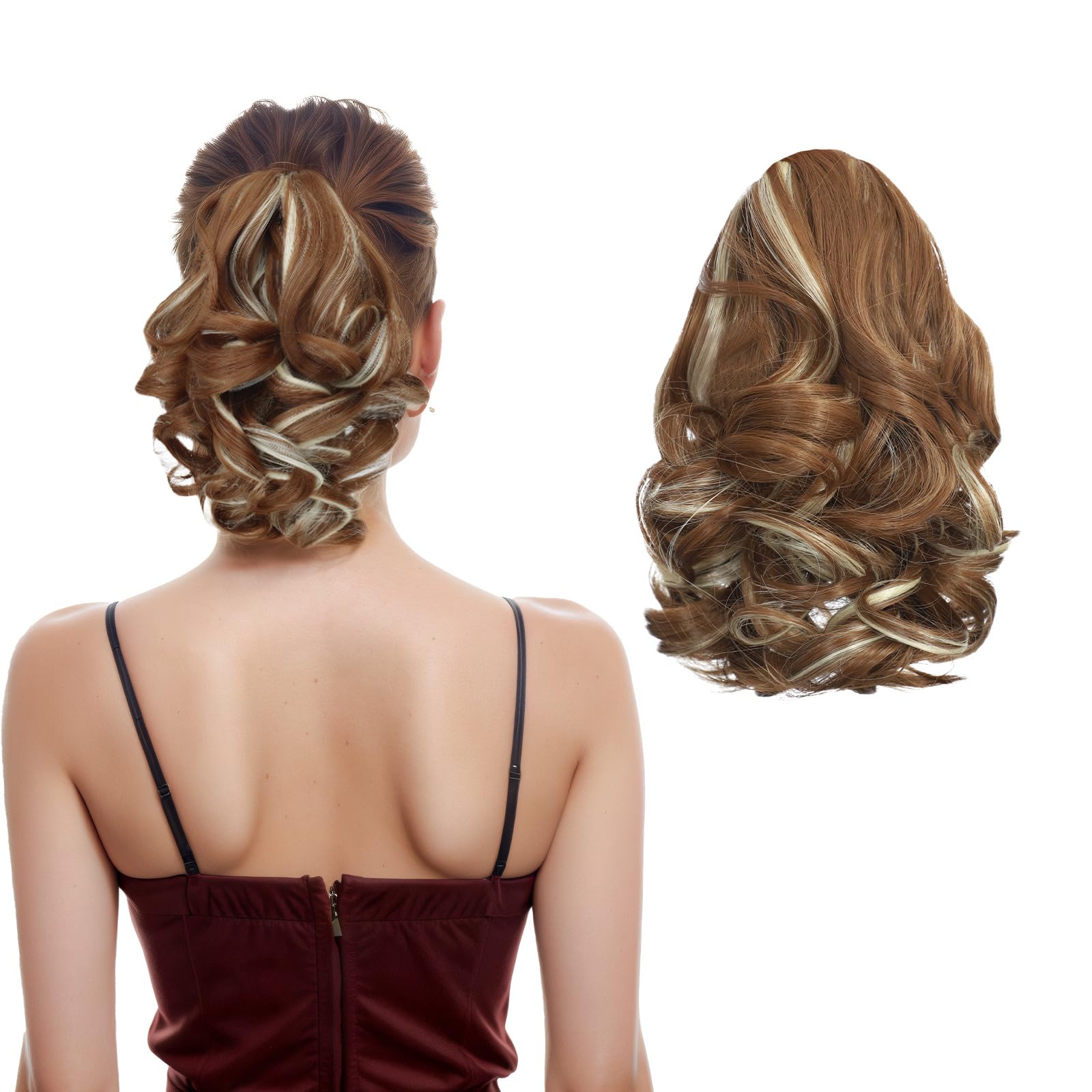 Photo 1 of Tiklans Brown Ponytail Extensions, 9" Short Claw Clip in Ponytail Hair Extensions Hair Piece Natural Soft Synthetic Curly Wavy Pony Tail Hair Pieces for Women