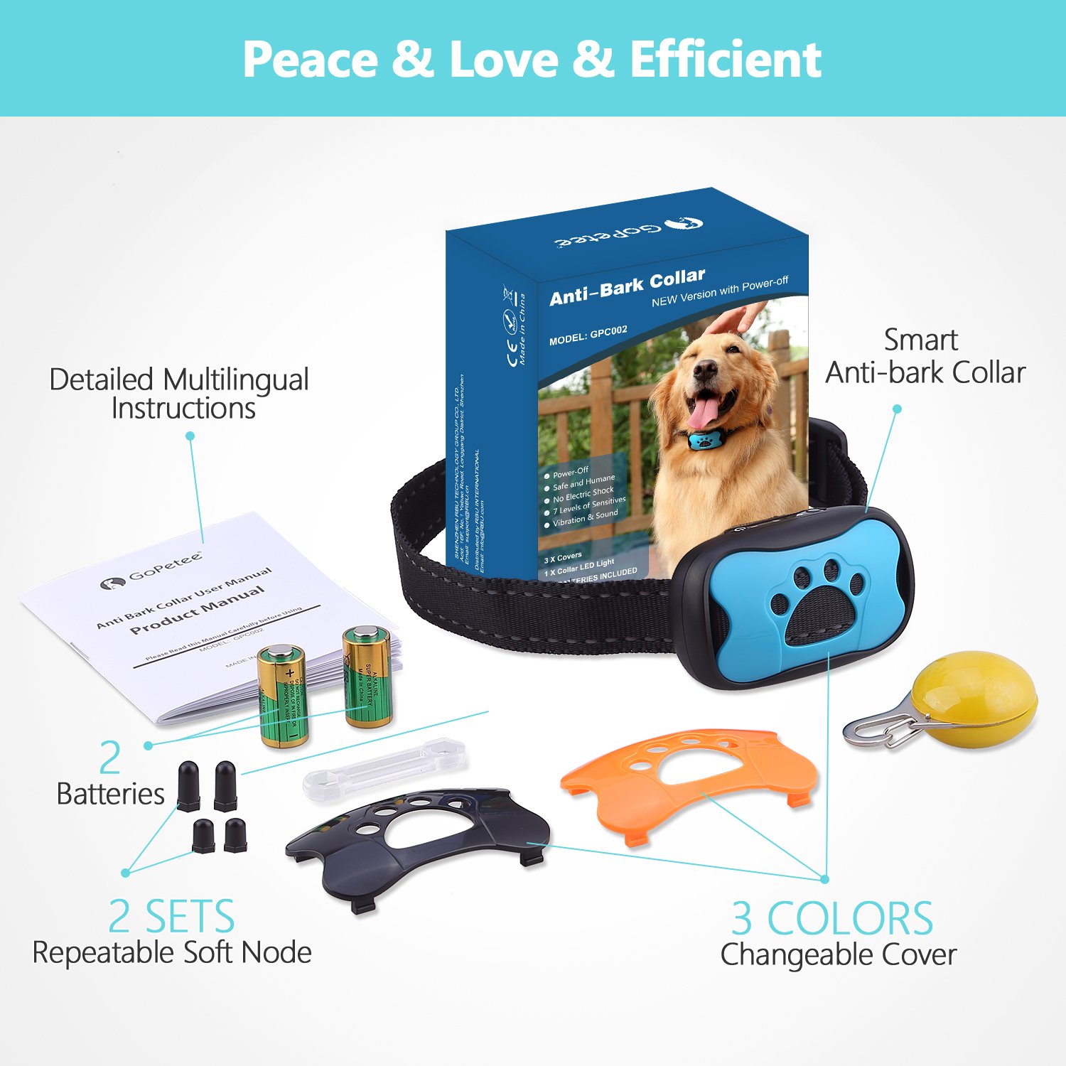 GoPetee Dog Anti Bark Collar Training with free LED light 7 Adjustable Levels No Bark Stop Puppy Barking Collar with Power On Off Auto Vibration Spare Batteries and Paw Shell Replacement Included for Small, Medium and Large Dogs