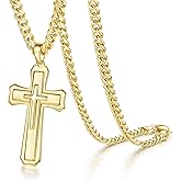 TAKUGI Mens Cross Necklaces Gold Cross Necklace for Men 14K Gold Crosses Chain Pendant Necklace for Men Outline of Maple Leaf-Inspired Design Paired with Cuban Chain Mens Crosses Necklace