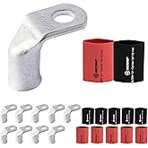 SELTERM 10pcs - 1/0 AWG 5/16" Stud 90° Bent Battery Lugs- Ring Terminal Connectors with 12pcs 3:1 Black & Red 3/4" Heat Shrink Tubing - Heavy Duty Battery Cable Ends - Tinned Copper Wire Connector Kit