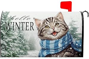 MIAOQUHE Hello Winter Cat Mailbox Cover Magnetic Standard Size 21"x18" Christmas Cute Cat Mailbox Cover Magnetic Winter Snow Pine Tree Mailbox Covers Post Letter Box for Seasonal Holiday Outdoor Decoration