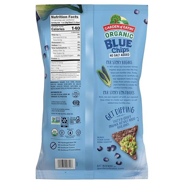 GARDEN OF EATIN’ ORGANIC NO SALT BLUE CORN TORTILLA CHIP 14 OZ