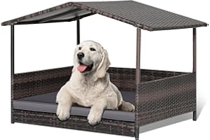 HAPPAWS Wicker Dog Bed House, Indoor Outdoor HDPE Rattan Dog Houses, Raised Dog Cot Pet House, Elevated Pets Sofa w/Washable Cover, Waterproof Roof Shelter, Removable Cushion Lounge