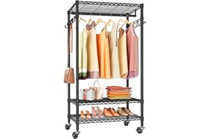 VIPEK R1 Rolling Garment Rack Portable Clothing Rack for Hanging Clothes, 3 Tiers Wire Shelves Heavy Duty Clothes Rack with Wheels Hanging Rod Side Hooks Freestanding Closet Racks for Bathroom, Black