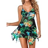Holipick Two Piece Swim Dress for Women Swimdress Swimsuits Mesh Flowy Tankini Top with Boyshorts