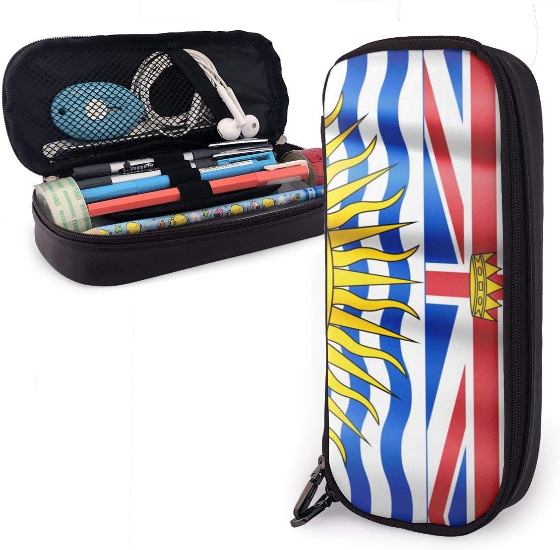 Double-Zipper Brown PU Leather Pencil Case Bag for Kids Womens Mens,Students Durable High Capacity Stationery Pen Pouch Makeup Bag for School Supplies Canada Provinces and British Columbia Flags