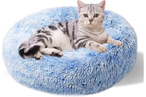 Aurako Cat Bed Dog Bed Round Cushion Pet Bed Mat Ultra Soft Plush Donut Sofa Comfortable Pillow Machine Washable Pet Cuddle Beds for Kitten Small Medium Large Dogs Cats 16" Blue and White
