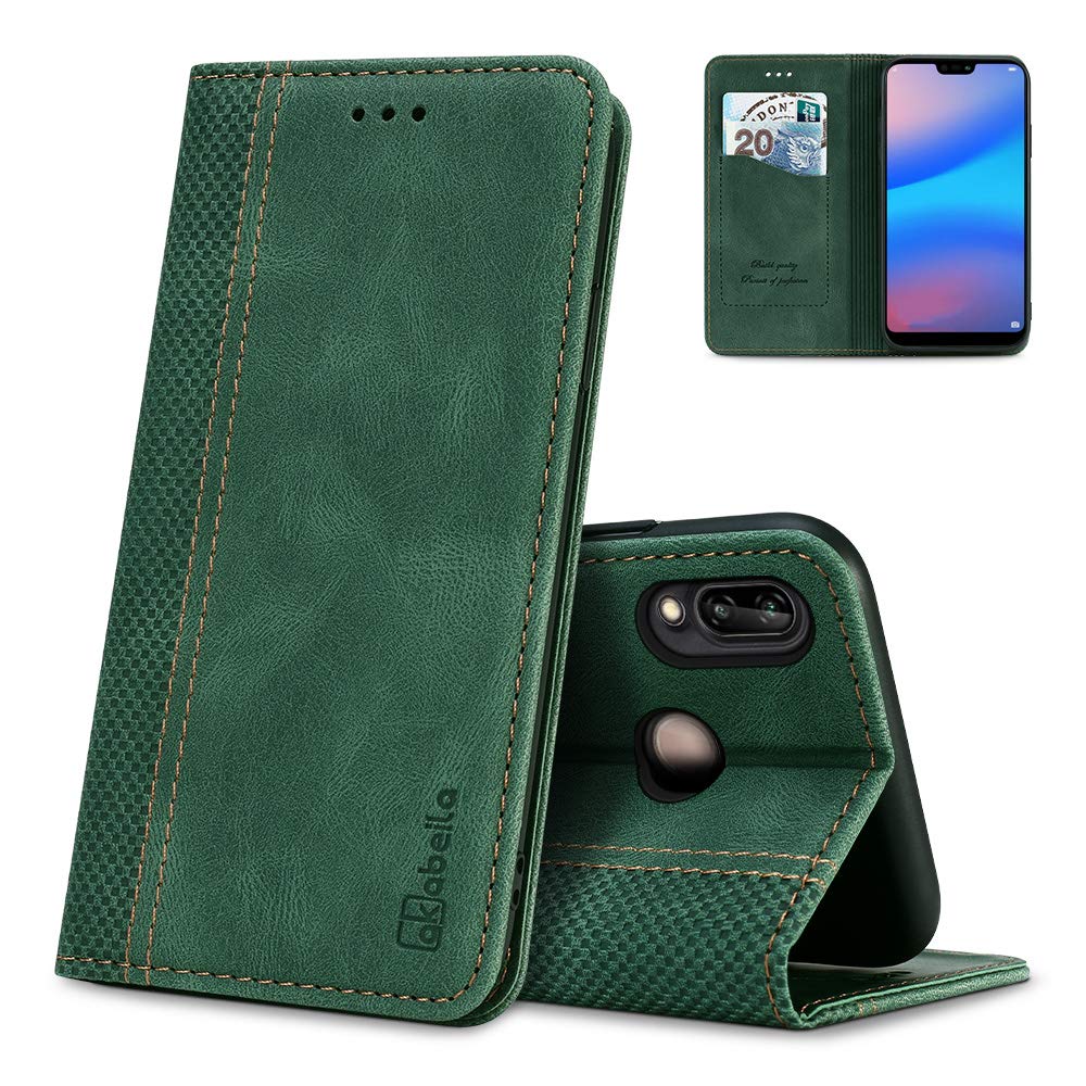 AKABEILA Case for Huawei P20 Lite 2018 Premium PU Leather Flip Wallet Case with Magnetic Closure Kickstand Card Slots Folio Phone Case Cover Shockproof Green