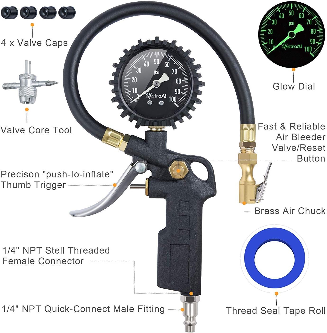 AstroAI Tire Inflator with Pressure Gauge, 100 PSI Air Chuck and Compressor Accessories Heavy Duty with Large 2.5" Easy Read Glow Dial, Durable Rubber Hose and Quick Connect Coupler: Automotive