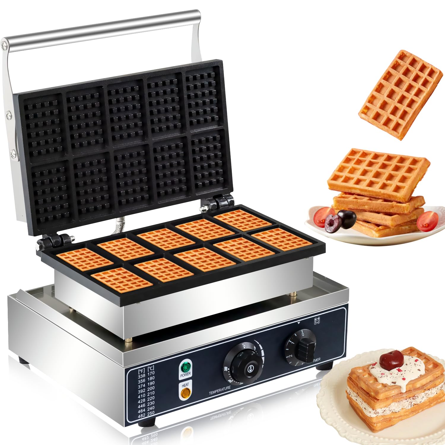 Photo 1 of Commercial Square Waffle Maker, 10 Grids 1600W Waffle Baker Machine, Non-Stick 3.5 X 2.0" Industrial Belgian Waffle Iron Temp and Time Control, for Restaurant Bakeries Snack Bar Family
